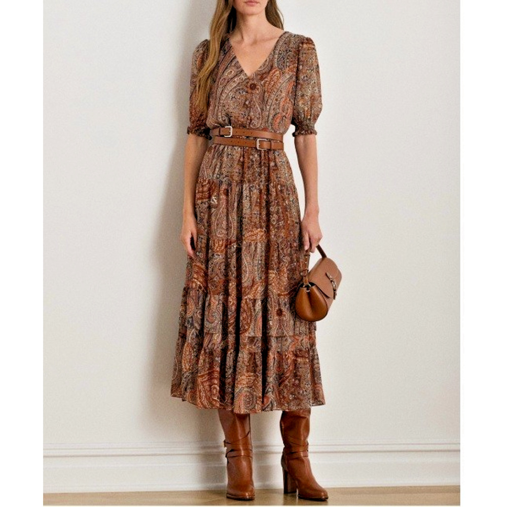 Ralph Lauren Women's Paisley Chiffon Tired Midi Dress Puff Sleeve Boho Rust 4P